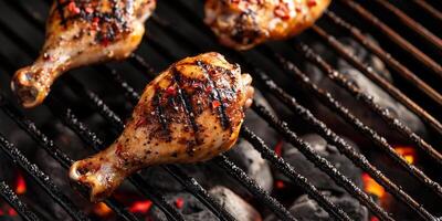 Chicken drumsticks cooking on a grill with grill marks and coals beneath, food setting photo