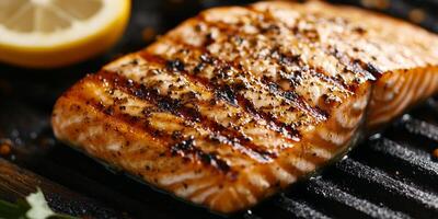 Close-up of grilled salmon fillet with seasoning and grill marks, food setting photo