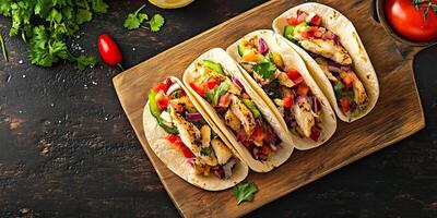 Fish tacos placed on a wooden board with visible garnishes and fillings, food setting photo