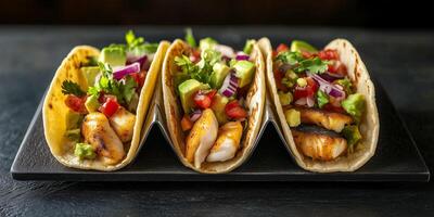 Three fish tacos in a row on a platter with visible garnishes, food setting photo