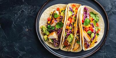 Three fish tacos arranged on a plate with visible fillings, meal photography photo