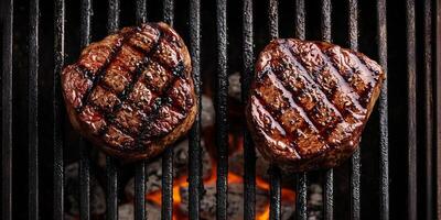 Two filet mignon steaks side by side on a grill with coals underneath, meal photography photo