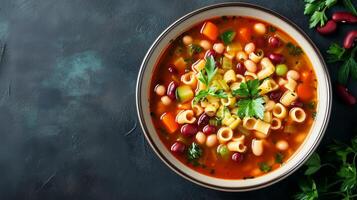 Minestrone soup in a bowl with visible vegetables, pasta, and beans, culinary photography photo