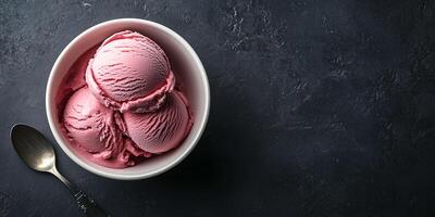 Bowl with a single scoop of ice cream, served with a small spoon resting nearby, culinary photography photo