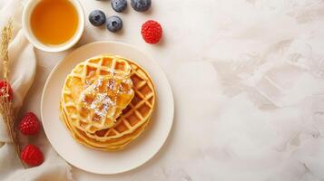 Breakfast spread with pancake stack and waffle stack on separate plates, culinary photography photo