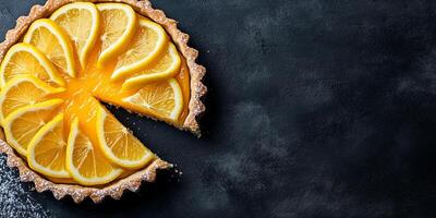 Circular tart filled with bright lemon mixture, cut into wedges and displayed, culinary photography photo
