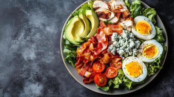 Cobb salad on a plate with rows of chicken, bacon, avocado, eggs, tomatoes, and blue cheese, culinary photography photo