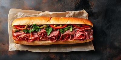 Large Italian sub on flat surface, filled with various meats and cheese, culinary photography photo