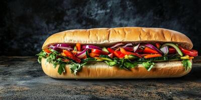 Large veggie sub on a surface filled with fresh vegetables, food photography photo