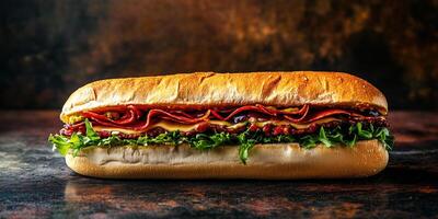 Large sub sandwich resting on a surface, filled with various ingredients, culinary photography photo