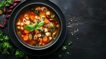 Minestrone soup bowl with broth and visible vegetables, pasta, and beans, culinary photography photo