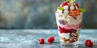 Parfait glass filled with alternating layers of ice cream and toppings, placed on a table, culinary photography photo