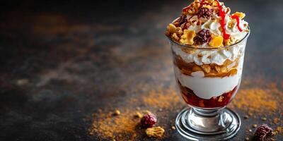 Parfait glass filled with alternating layers of ice cream and toppings, placed on a table, food photography photo