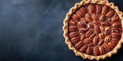 Pecan pie with a golden crust, topped with a mixture of whole and chopped pecans, culinary photography photo