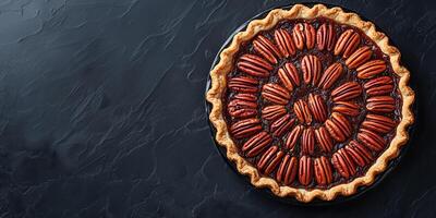 Pecan pie with a glossy top, filled with whole pecans arranged in a circular pattern, food photography photo