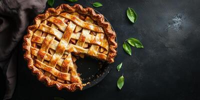 Pie cut open, revealing soft apple filling within a sturdy, baked crust, food photography photo