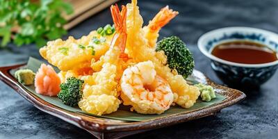 Plate of tempura with vegetables and shrimp, served with a dipping sauce dish, food photography photo