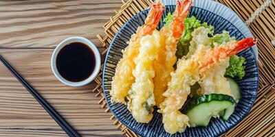 Plate of tempura vegetables and shrimp with dipping sauce, culinary photography photo
