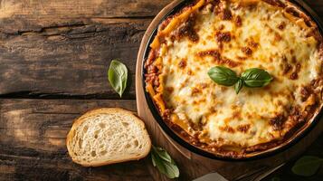 Portion of baked lasagna with layers of pasta, cheese, and sauce, served with bread, culinary photography photo