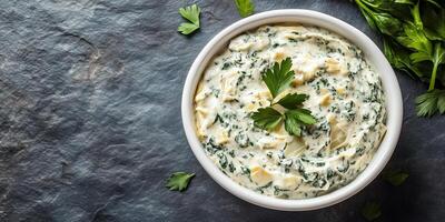 Portion of spinach artichoke dip in small ramekin, no extra components or features, food photography photo