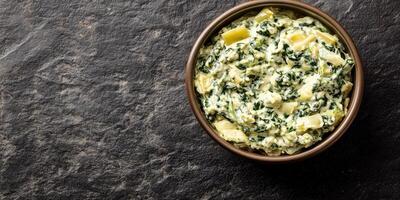 Portion of spinach artichoke dip in small ramekin, no extra components or features, culinary photography photo