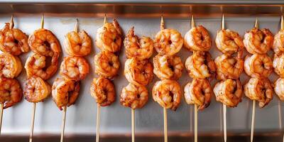 Shrimp skewers aligned on a metal tray with garnishes on the side, culinary photography photo