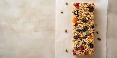 Single granola bar with oats and dried fruit on parchment paper, culinary photography photo