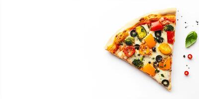 Single vegetarian pizza slice with various vegetable toppings on a white background, food photography photo