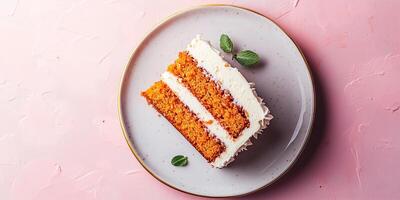 Slice of carrot cake with distinct layers on a flat dessert plate, food photography photo
