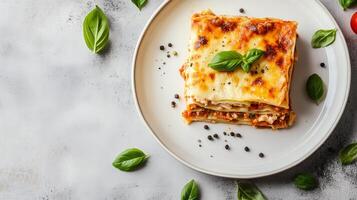 Slice of lasagna with layers of pasta, cheese, and sauce on a white plate, culinary photography photo
