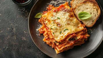 Slice of lasagna with pasta, cheese, and sauce, on a plate with a slice of bread, food photography photo