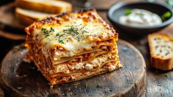 Slice of layered lasagna with pasta, cheese, and sauce, served with garlic bread, culinary photography photo