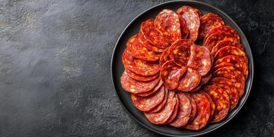 Chorizo slices arranged in a circle on a small serving plate, food photography photo
