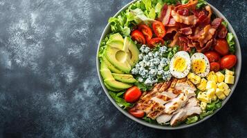 Cobb salad in a bowl arranged with chicken, bacon, avocado, eggs, tomatoes, and blue cheese crumbles, culinary photography photo