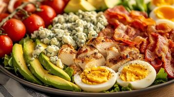 Cobb salad in a dish with rows of chicken, bacon, eggs, avocado, tomatoes, and blue cheese, food photography photo