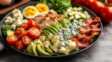 Cobb salad in a shallow dish with rows of chicken, bacon, eggs, avocado, tomatoes, and blue cheese, food photography photo