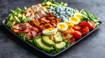Cobb salad on a square plate with rows of chicken, bacon, eggs, avocado, tomatoes, and blue cheese, culinary photography photo
