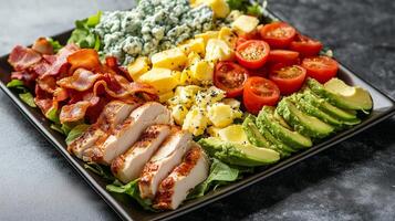 Cobb salad on a square plate with rows of chicken, bacon, eggs, avocado, tomatoes, and blue cheese, food photography photo