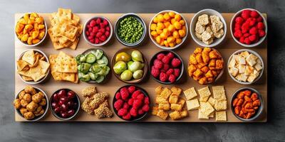 Various bite-sized snacks displayed on a wooden board in organized pattern, food photography photo