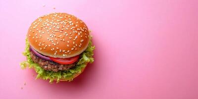 Vegan burger with layers of plant-based fillings, resting on a flat background, food photography photo