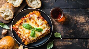 Baked portion of lasagna with pasta, cheese, and sauce, arranged on a plate with bread, photorealistic food photo
