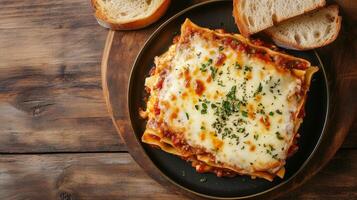 Baked portion of lasagna with pasta, cheese, and sauce, arranged on a plate with bread, photorealistic food photo