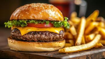 Beef burger with lettuce, tomato, and cheese on a bun with fries, gastronomy photography photo