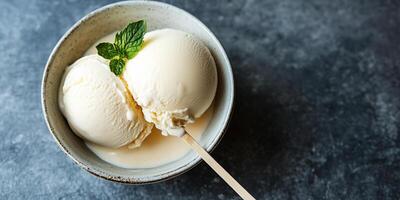 Bowl of gelato with two scoops, served with a thin stick resting on top, gastronomy photography photo
