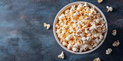 Bowl filled with kettle corn, with individual kernels showing an even coating, gastronomy photography photo