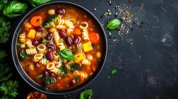 Bowl of minestrone soup with vegetables, pasta, and beans submerged in broth, photorealistic food photo