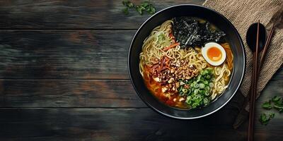 Ramen bowl with broth, noodles, and toppings, surrounded by chopsticks and spoon, gastronomy photography photo