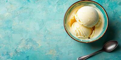 Bowl with a single scoop of ice cream, served with a small spoon resting nearby, photorealistic food photo