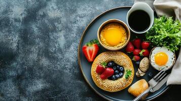 Breakfast setup with a bagel spread with toppings on a circular plate, gastronomy photography photo