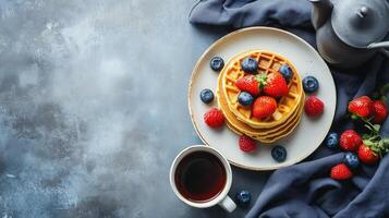 Breakfast spread with pancake stack and waffle stack on separate plates, gastronomy photography photo